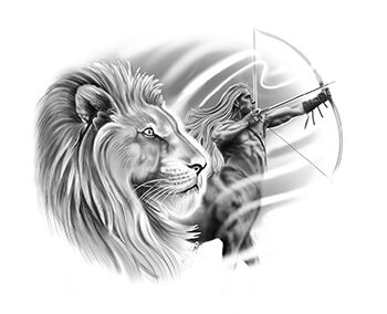 Conception d’un motif style ultra réaliste d’un lion et d’un sagittaire