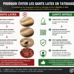 Infographie expliquant pourquoi les gants latex tatouage peuvent être dégradés par la vaseline et pourquoi les gants nitrile constituent une alternative plus sûre