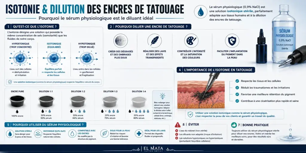 Infographie expliquant l'utilisation du sérum physiologique tatouage comme diluant pour les encres, les propriétés isotoniques et leur intérêt pour les lavis et dégradés