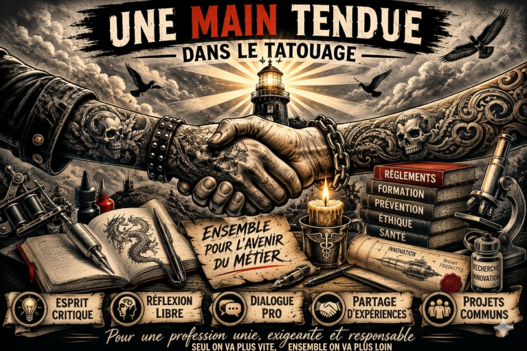 Illustration symbolisant l'union et la régulation du tatouage face aux enjeux sanitaires, montrant une poignée de main tatouée, un phare éclairant, des livres de réglementation et une banderole textuelle.sécurité sanitaire tatouage