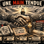 Illustration symbolisant l'union et la régulation du tatouage face aux enjeux sanitaires, montrant une poignée de main tatouée, un phare éclairant, des livres de réglementation et une banderole textuelle.sécurité sanitaire tatouage