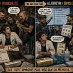 Illustration satirique montrant l'évolution des pratiques d'hygiène dans le tatouage, où des professionnels se moquent d'un précurseur avant d'adopter puis de revendiquer les mêmes idées vingt ans plus tard.
