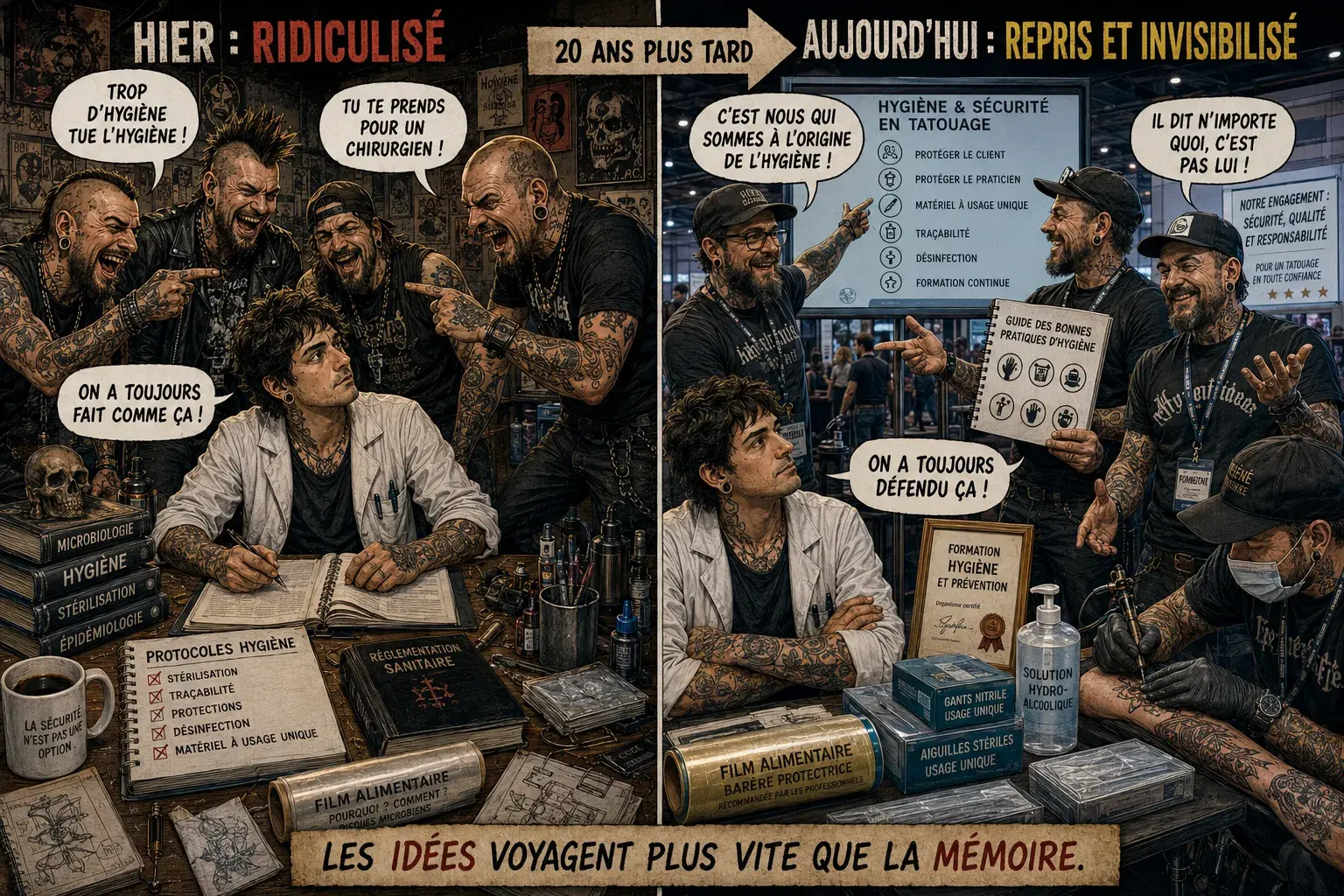 Illustration satirique montrant l'évolution des pratiques d'hygiène dans le tatouage, où des professionnels se moquent d'un précurseur avant d'adopter puis de revendiquer les mêmes idées vingt ans plus tard.