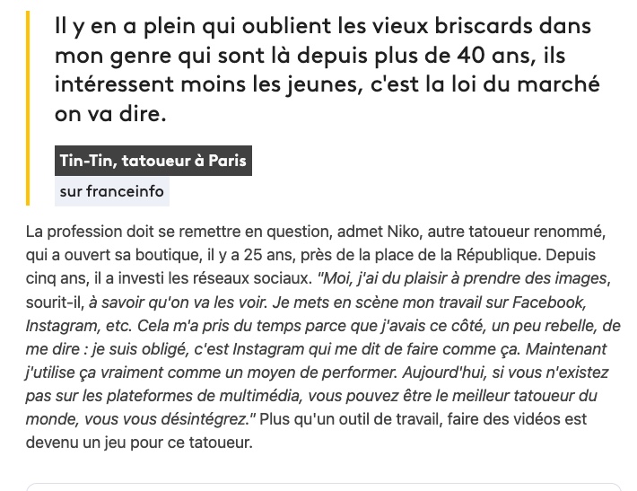 Capture d'écran d'un article de France Info citant Tin-Tin sur l'importance des réseaux sociaux pour les tatoueurs et la place des anciens professionnels dans le secteur.