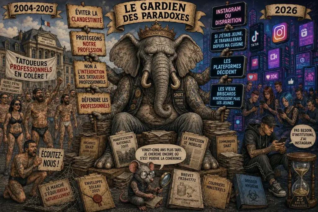 Illustration satirique représentant l'évolution du discours du tatouage français entre les combats du SNAT en 2005 et les déclarations de 2026 sur Instagram, la visibilité numérique et le tatouage à domicile.