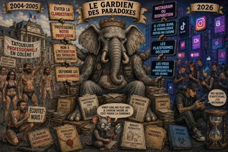 Du contre-pouvoir à l'institution : l'évolution du SNAT et de son fondateur 1 Illustration satirique représentant l'évolution du discours du tatouage français entre les combats du SNAT en 2005 et les déclarations de 2026 sur Instagram, la visibilité numérique et le tatouage à domicile.