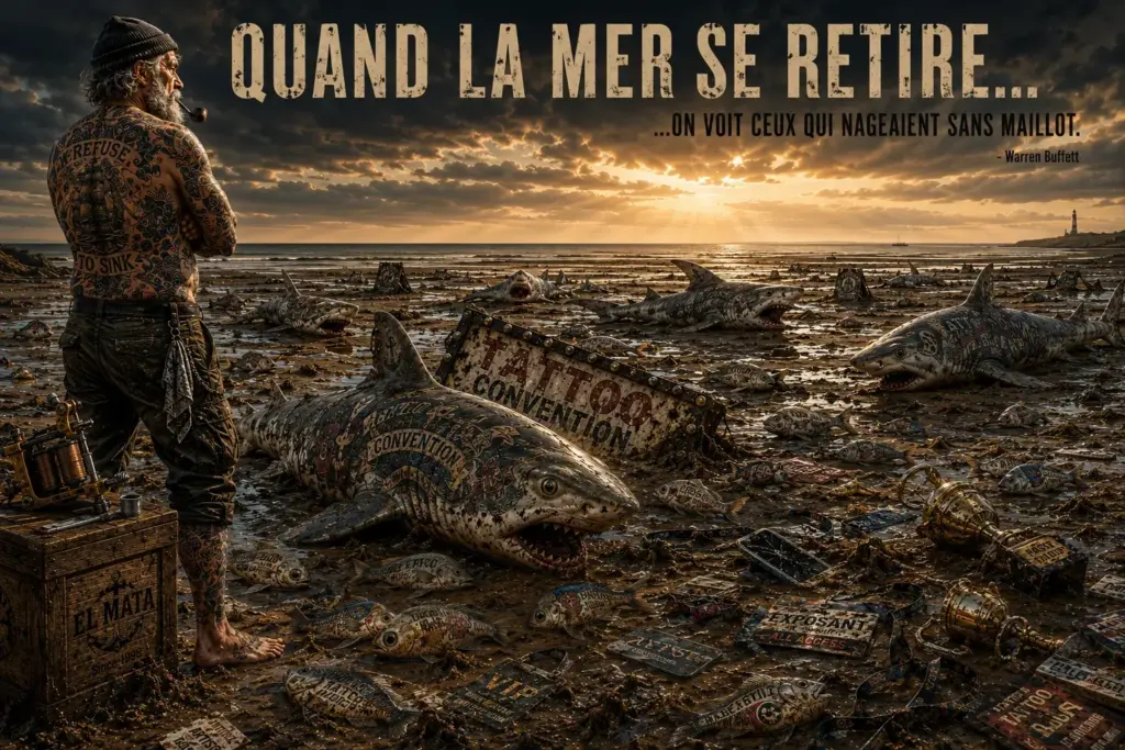 Marin tatoué observant une plage à marée basse où apparaissent les vestiges d'une période d'abondance, illustration symbolique de l'évolution du marché du tatouage et du retour aux réalités économiques.