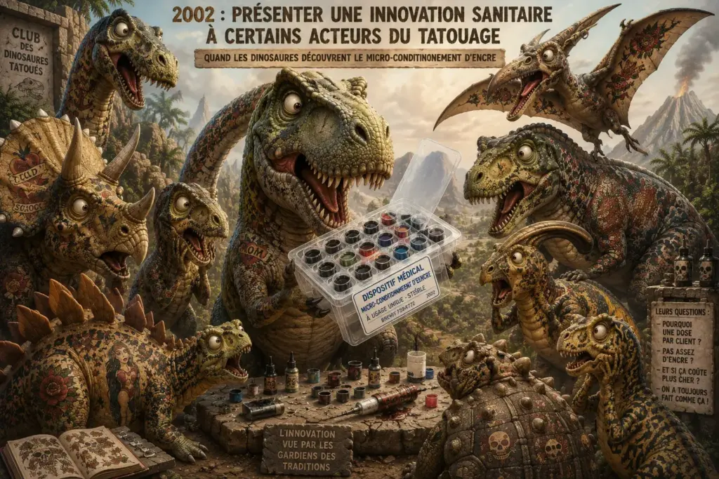Illustration satirique de dinosaures tatoués observant avec étonnement un dispositif de microconditionnement stérile d'encres de tatouage présenté par un tyrannosaure rex.