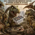 Illustration satirique de dinosaures tatoués observant avec étonnement un dispositif de microconditionnement stérile d'encres de tatouage présenté par un tyrannosaure rex.
