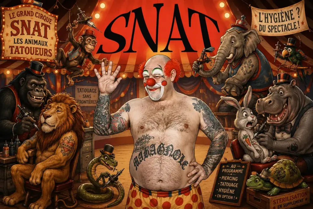 Caricature satirique d'un cirque d'animaux tatoueurs illustrant les contradictions autour de l'hygiène tatouage SNAT.