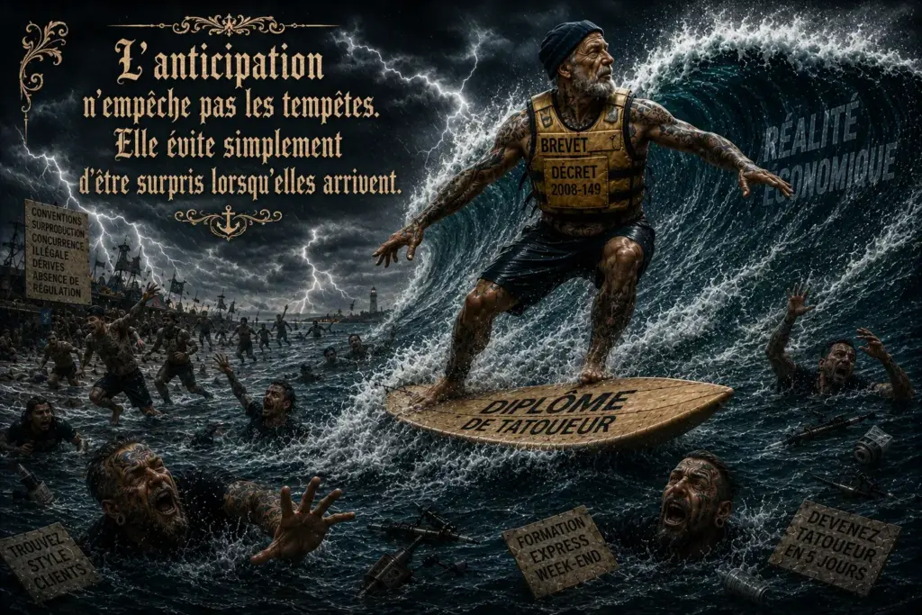 Illustration représentant un marin tatoué surfant une vague pendant une tempête, métaphore de l'anticipation et de l'adaptation face à la saturation du marché du tatouage.