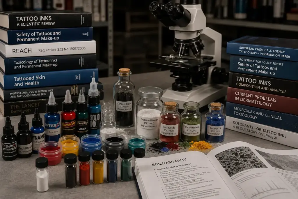 Illustration représentant une bibliographie scientifique consacrée aux encres de tatouage, avec microscope, pigments, encres et ouvrages de recherche.
