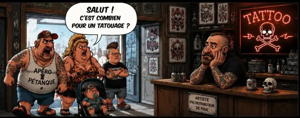 Bande dessinée humoristique illustrant une famille entrant dans un studio de tatouage et demandant : « Combien coûte un tatouage ? », tandis que le tatoueur explique pourquoi un devis dépend de chaque projet.