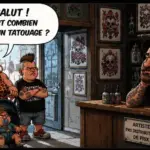 Bande dessinée humoristique illustrant une famille entrant dans un studio de tatouage et demandant : « Combien coûte un tatouage ? », tandis que le tatoueur explique pourquoi un devis dépend de chaque projet.