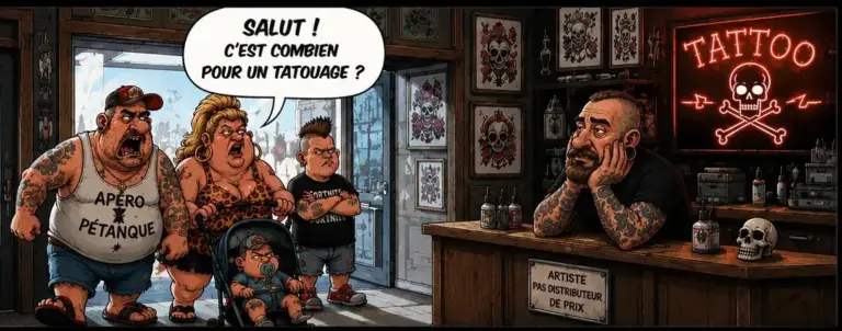 Combien coûte un tatouage ? 7 critères qui expliquent combien coûte un tatouage 34 Bande dessinée humoristique illustrant une famille entrant dans un studio de tatouage et demandant : « Combien coûte un tatouage ? », tandis que le tatoueur explique pourquoi un devis dépend de chaque projet.