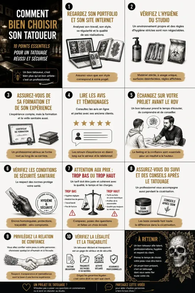 Infographie expliquant comment bien choisir son tatoueur grâce à dix critères essentiels : portfolio, site Internet, hygiène, formation, avis clients, sécurité sanitaire, prix, suivi, relation de confiance, légalité et traçabilité.