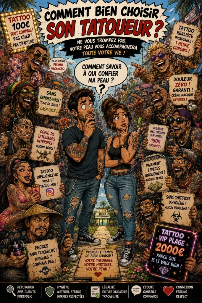 Illustration humoristique de style bande dessinée montrant un couple cherchant comment bien choisir son tatoueur parmi de nombreuses offres. L'image rappelle l'importance du portfolio, du site Internet, de l'hygiène, de la légalité, de la réputation et du suivi avant de se faire tatouer.