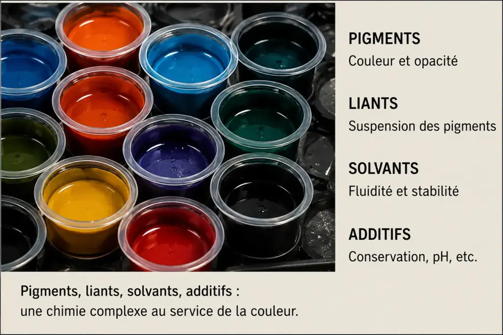Illustration présentant la composition des encres de tatouage avec leurs principaux constituants : pigments, liants, solvants et additifs.