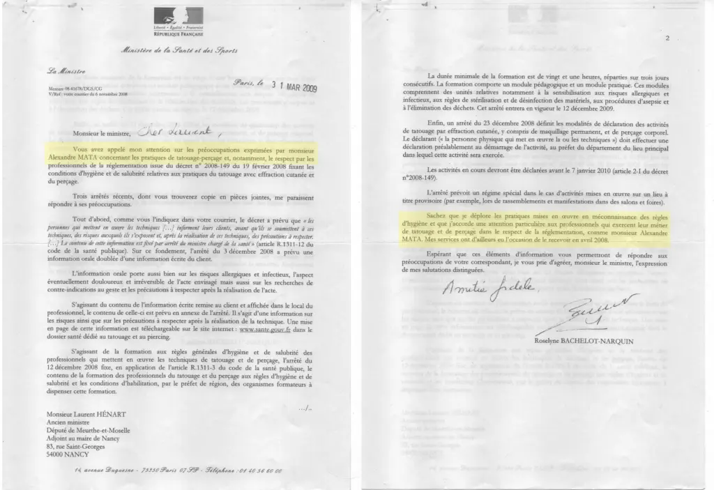 Courrier officiel de Roselyne Bachelot du 31 mars 2009 évoquant les préoccupations d'Alexandre Mata concernant l'hygiène, la salubrité et la réglementation du tatouage.