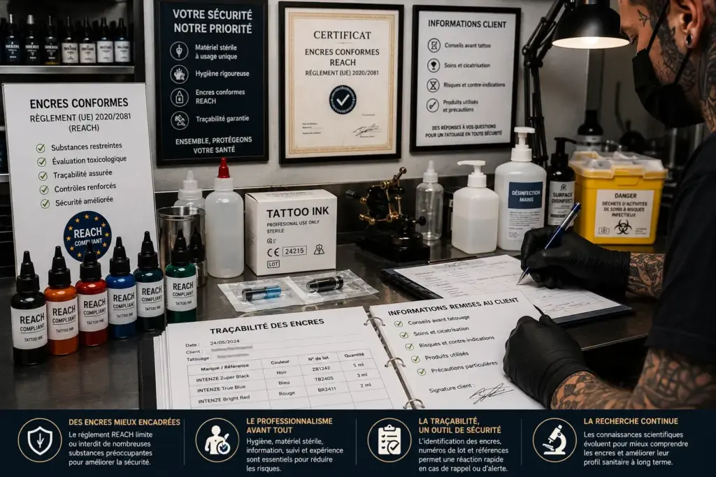Illustration représentant un tatoueur professionnel utilisant des encres de tatouage conformes, assurant la traçabilité des produits et le respect des exigences sanitaires actuelles.