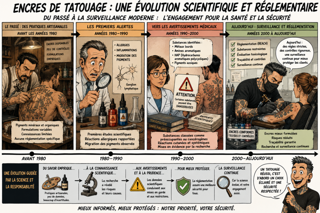 Infographie illustrant l'évolution des encres de tatouage, des premières observations scientifiques jusqu'à la réglementation européenne REACH et aux contrôles sanitaires actuels.