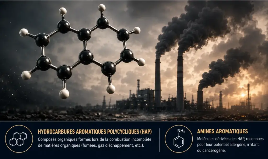 Illustration représentant les hydrocarbures aromatiques polycycliques (HAP) et les amines aromatiques étudiés dans certaines encres de tatouage avant les restrictions européennes REACH.