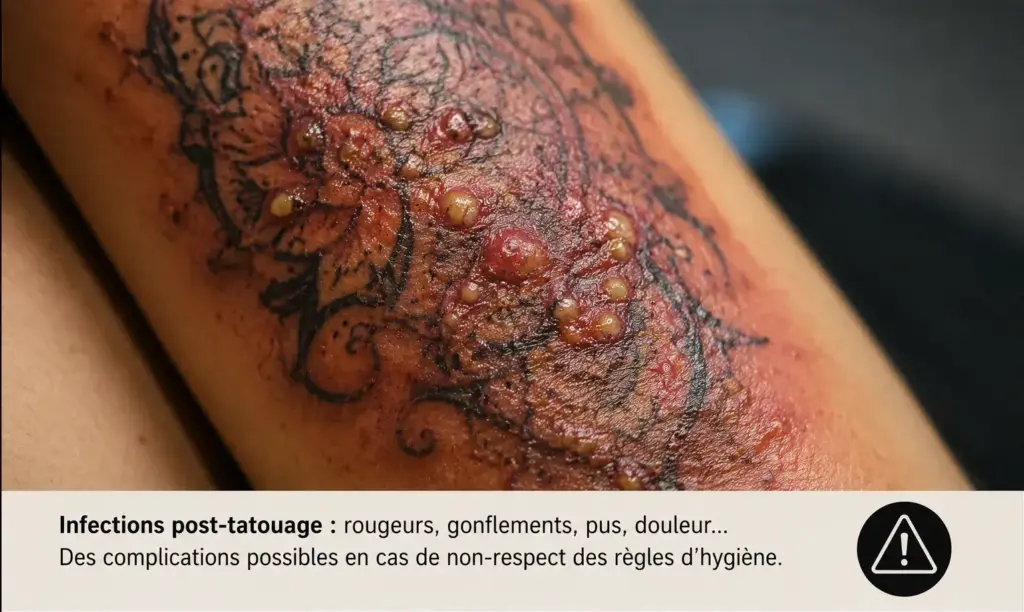 Illustration d'une infection post-tatouage montrant une rougeur, une inflammation et des lésions cutanées pouvant évoquer une complication infectieuse.