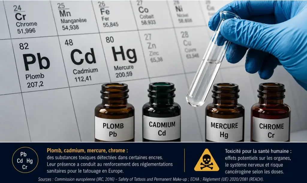 Illustration représentant les métaux lourds étudiés dans certaines encres de tatouage, notamment le plomb, le cadmium, le mercure et le chrome.