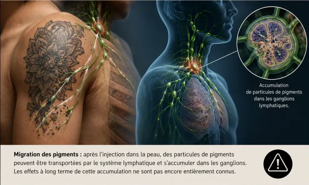 Illustration montrant la migration des pigments de tatouage vers les ganglions lymphatiques observée par plusieurs études scientifiques.