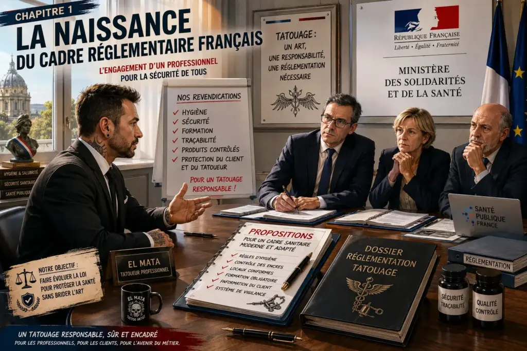 Illustration représentant un professionnel du tatouage présentant des propositions aux pouvoirs publics dans le cadre de l'évolution de la réglementation française sur le tatouage et la sécurité sanitaire.