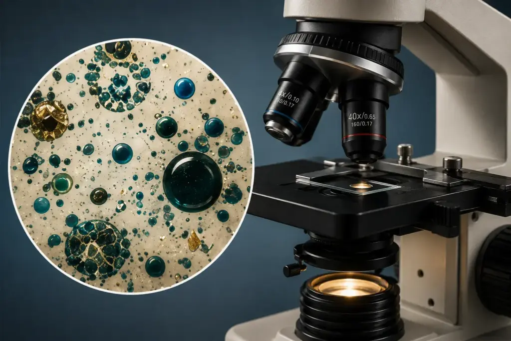 Illustration représentant l'observation de nanoparticules présentes dans certaines encres de tatouage à l'aide d'un microscope de laboratoire.