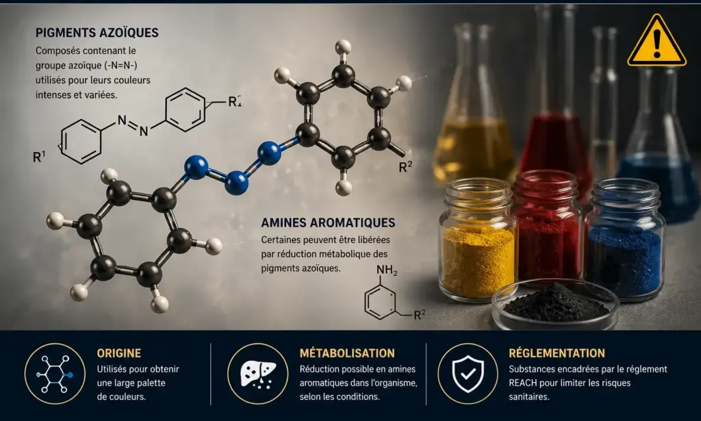 Illustration représentant les pigments azoïques et les amines aromatiques étudiés dans certaines encres de tatouage avant les restrictions imposées par le règlement européen REACH.