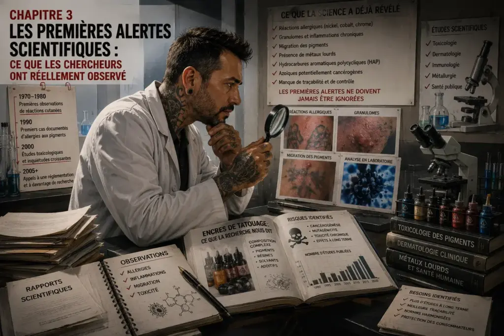 Illustration représentant les premières recherches scientifiques sur les encres de tatouage, les réactions observées et l'évolution des connaissances ayant conduit à une surveillance sanitaire renforcée.
