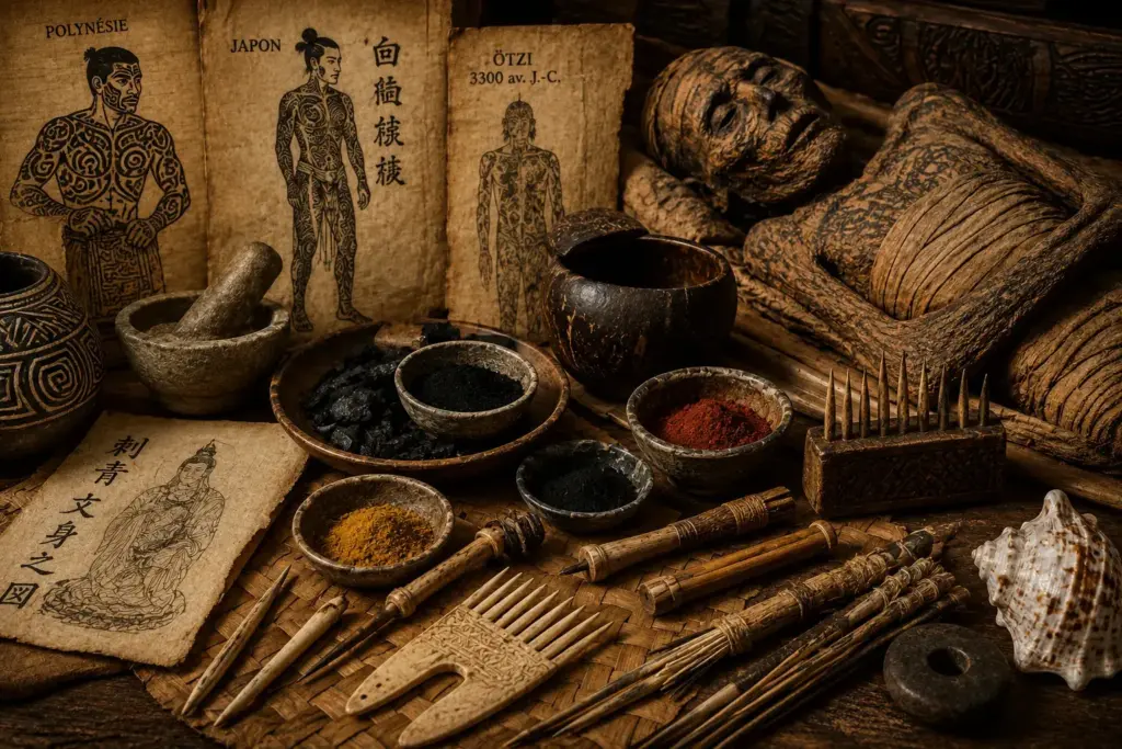 Illustration historique représentant les premières encres de tatouage, des pigments naturels utilisés par les civilisations anciennes aux premiers outils traditionnels de tatouage en Polynésie, au Japon et à l'époque d'Ötzi.