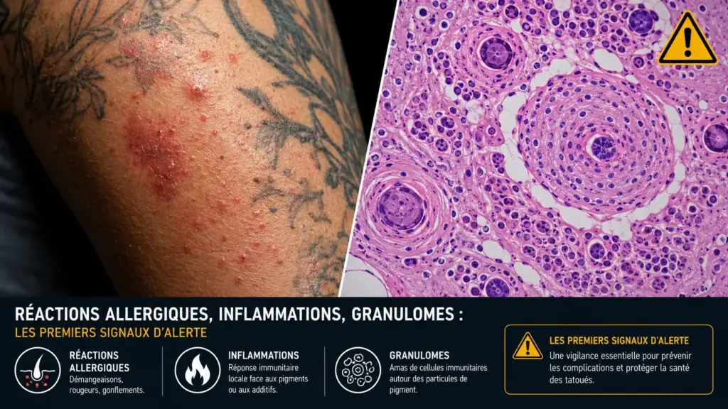 Illustration montrant des réactions allergiques, une inflammation cutanée et des granulomes observés après un tatouage, associés à l'étude des encres de tatouage.
