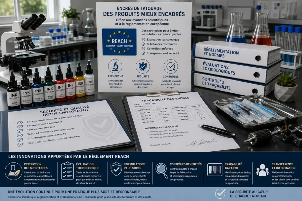 Infographie illustrant les principales innovations apportées par le règlement REACH pour améliorer la sécurité des encres de tatouage, la traçabilité et les contrôles sanitaires.