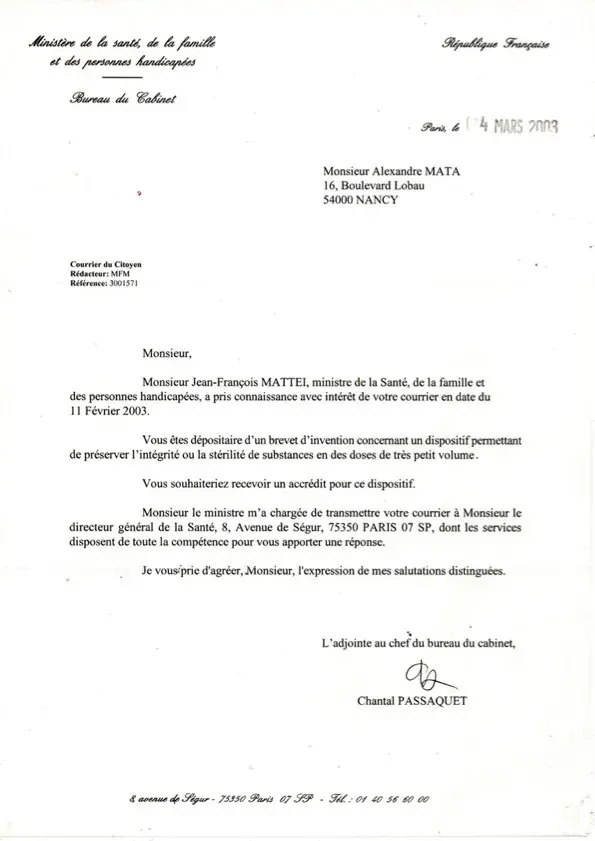 Courrier du ministère de la Santé du 14 mars 2003 concernant le brevet FR2841772 et un dispositif de préservation stérile en doses unitaires.