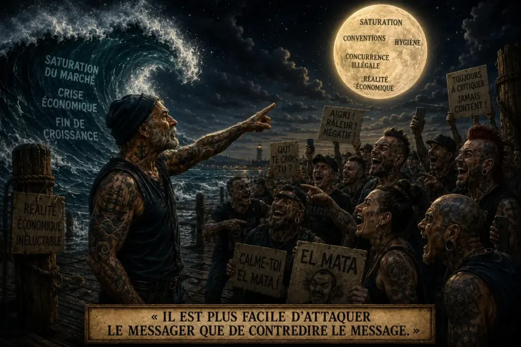 Illustration métaphorique représentant un marin montrant une lune symbolisant les signaux d'alerte du marché du tatouage, face à une foule qui ignore les risques de saturation, de concurrence illégale et de ralentissement économique.