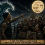Illustration métaphorique représentant un marin montrant une lune symbolisant les signaux d'alerte du marché du tatouage, face à une foule qui ignore les risques de saturation, de concurrence illégale et de ralentissement économique.