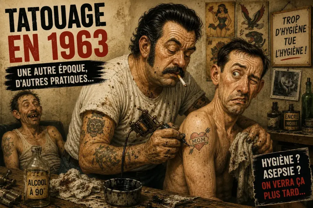 Illustration satirique d'un tatoueur réalisant un tatouage en 1963 dans un atelier aux pratiques d'hygiène rudimentaires.