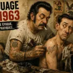 Illustration satirique d'un tatoueur réalisant un tatouage en 1963 dans un atelier aux pratiques d'hygiène rudimentaires.