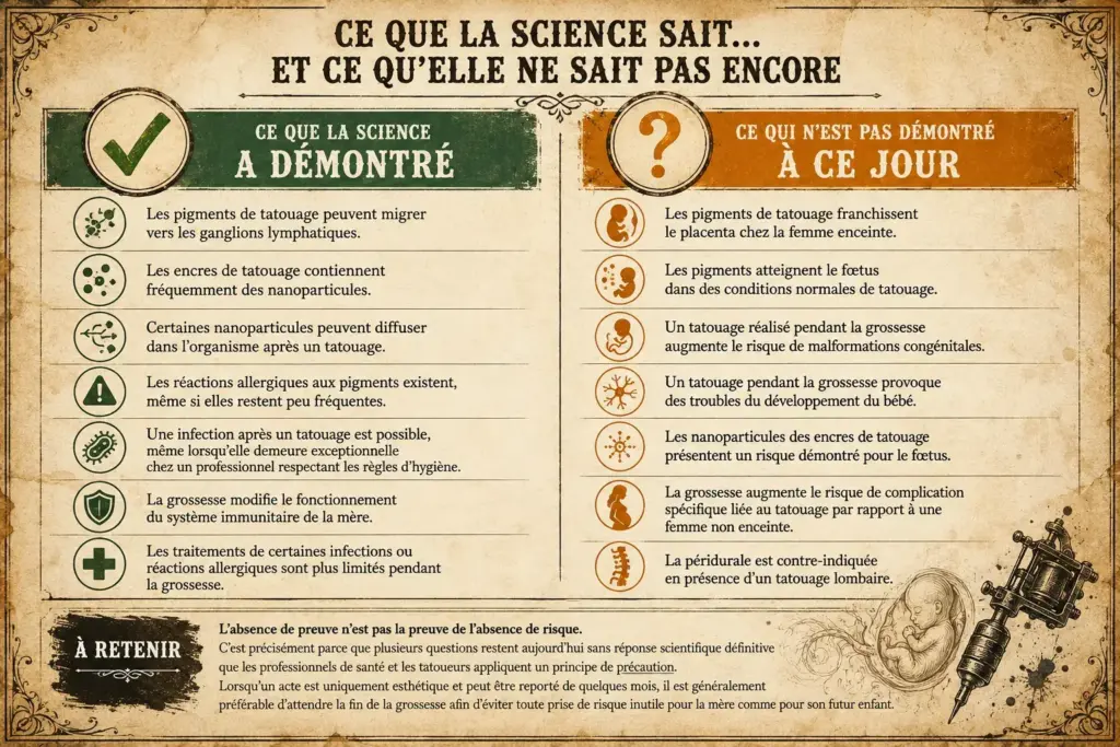 Infographie comparant les connaissances scientifiques établies et les hypothèses concernant le tatouage et le piercing pendant la grossesse.
