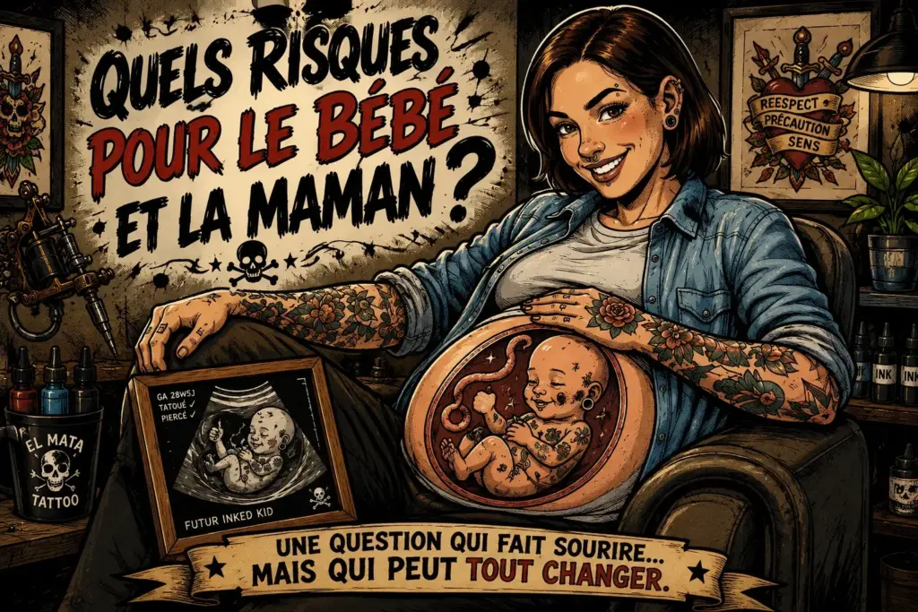 Illustration humoristique sur les risques du tatouage et du piercing avant, pendant et après la grossesse