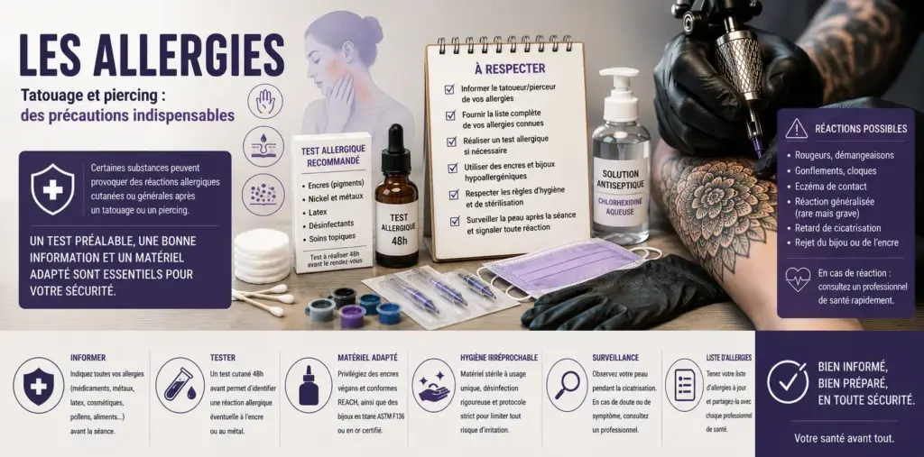 Illustration représentant un test allergique, du matériel de tatouage stérile, des encres et une séance de tatouage pour illustrer les précautions à prendre chez une personne présentant des allergies avant un tatouage ou un piercing.