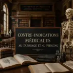 Bibliothèque universitaire de médecine avec squelette anatomique illustrant le guide des contre-indications médicales au tatouage et au piercing.