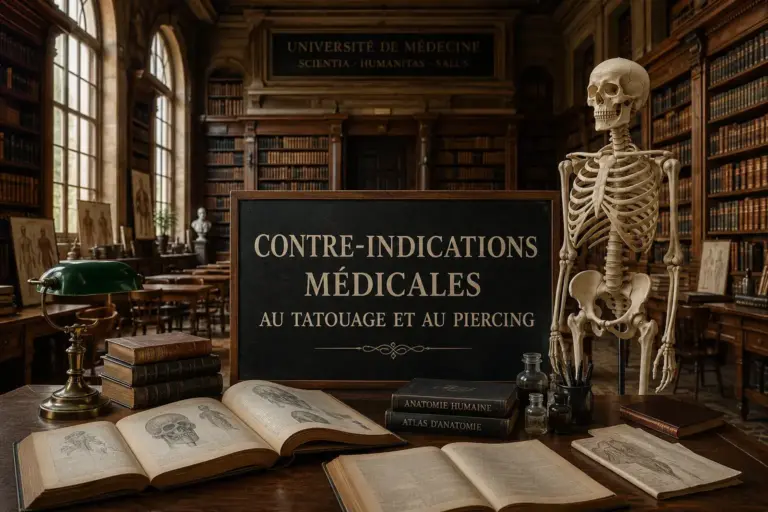 Contre-indications tatouage et piercing : Le guide complet indispensable 1 Bibliothèque universitaire de médecine avec squelette anatomique illustrant le guide des contre-indications médicales au tatouage et au piercing.