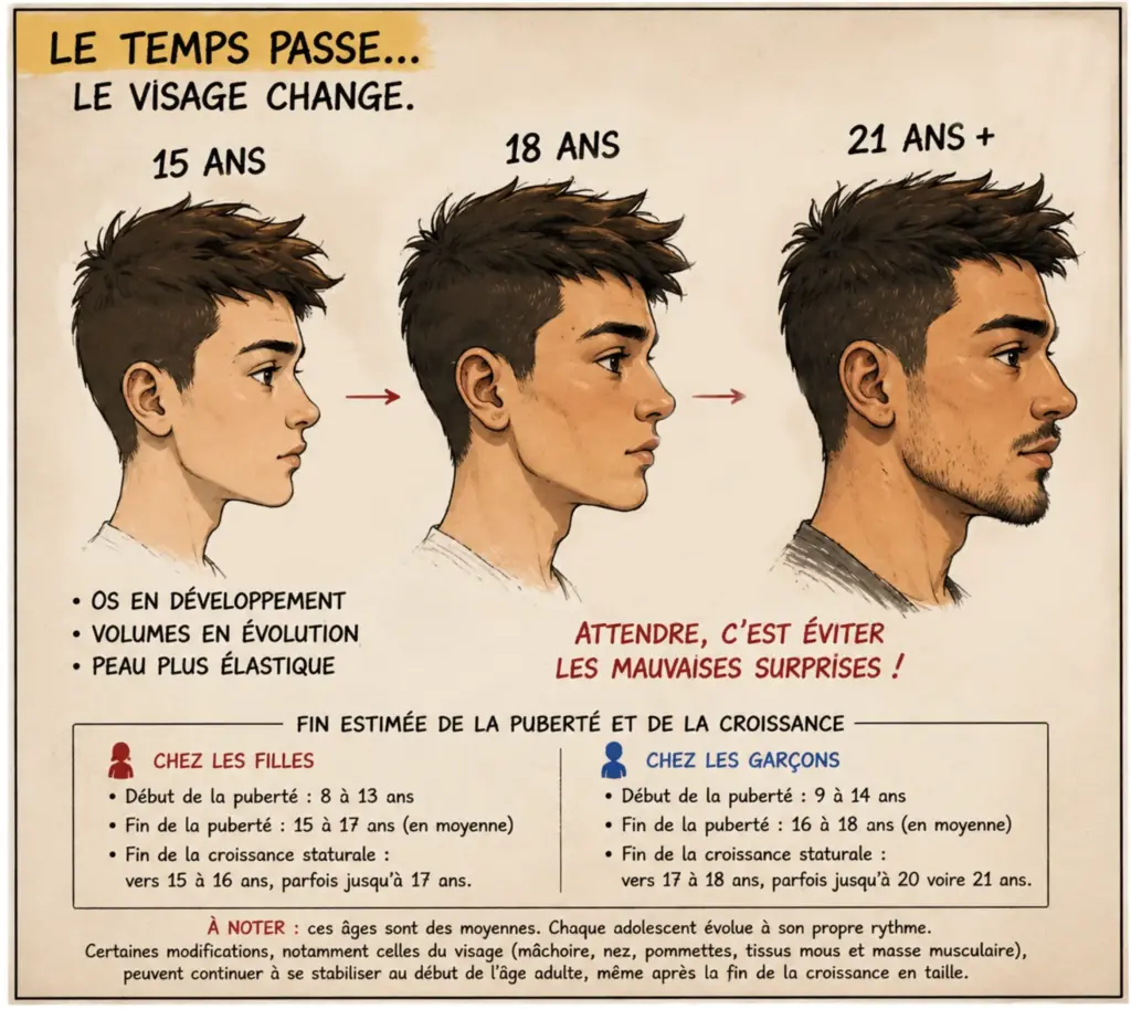 Piercing mineur : illustration de l'évolution du visage pendant la croissance entre 15 et 21 ans