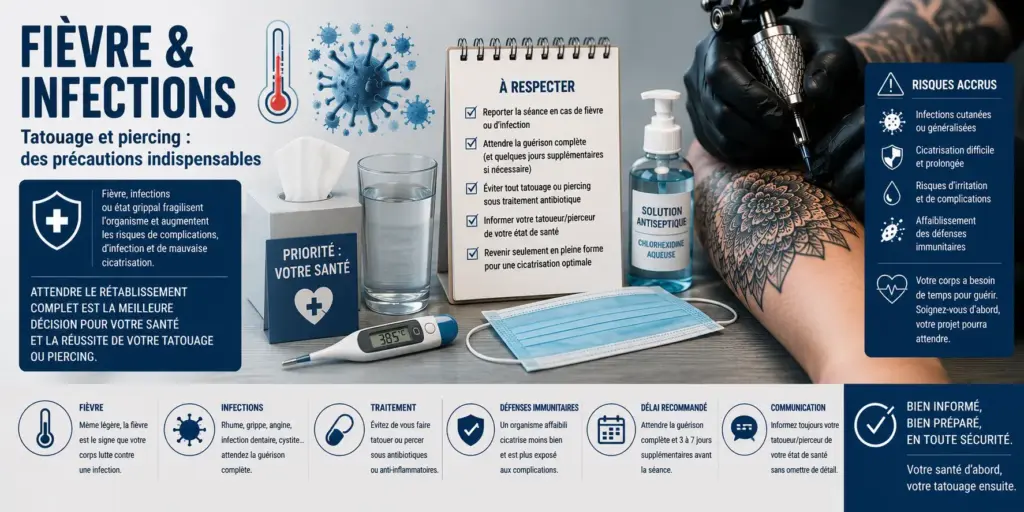 Illustration représentant un thermomètre, des symboles d'infection, du matériel de tatouage stérile et une séance de tatouage pour illustrer les précautions à prendre en cas de fièvre ou d'infection avant un tatouage ou un piercing.