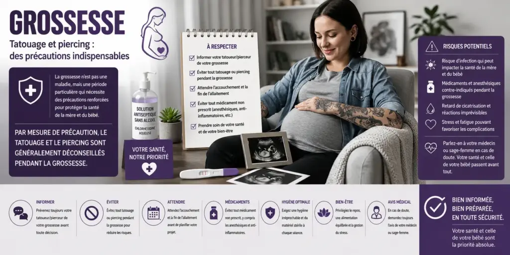 Future maman tatouée tenant son ventre de grossesse avec une échographie posée sur ses genoux, illustrant les précautions liées au tatouage et au piercing pendant la grossesse.