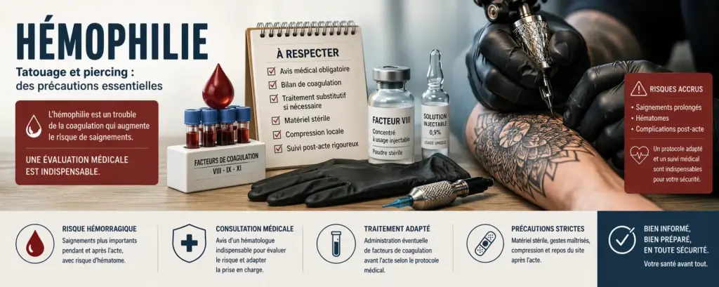 Illustration représentant des facteurs de coagulation, du matériel de tatouage stérile et un tatouage en cours pour illustrer les précautions à prendre chez une personne atteinte d'hémophilie avant un tatouage ou un piercing.